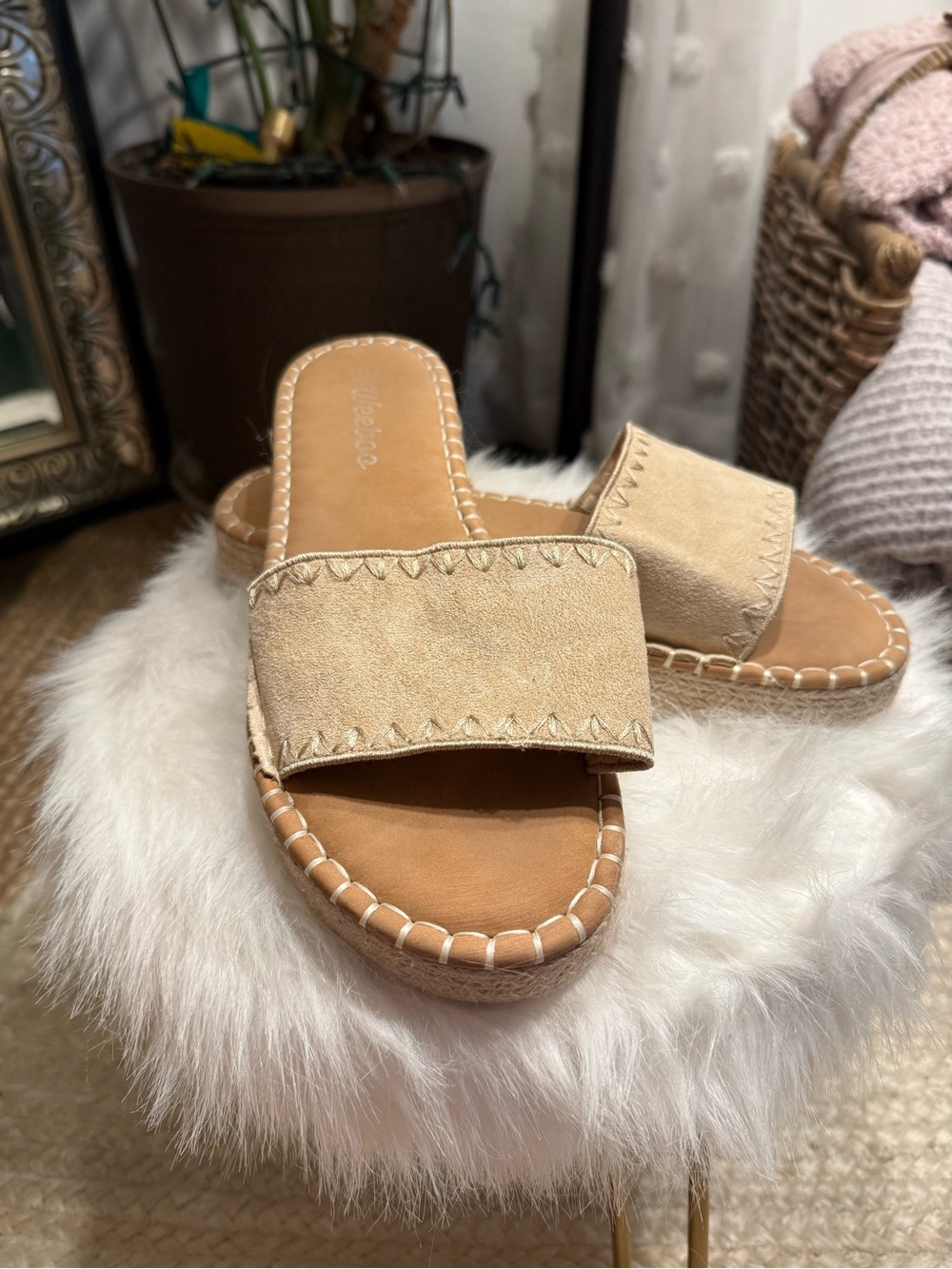 Suede Slide Sandals in Beige — Women